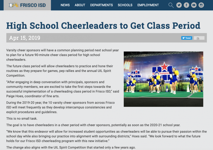 Class periods for all - FISD offers a cheerleading class for all high schools. This gives them an opportunity to practice during the day and become eligible to compete for UIL. 