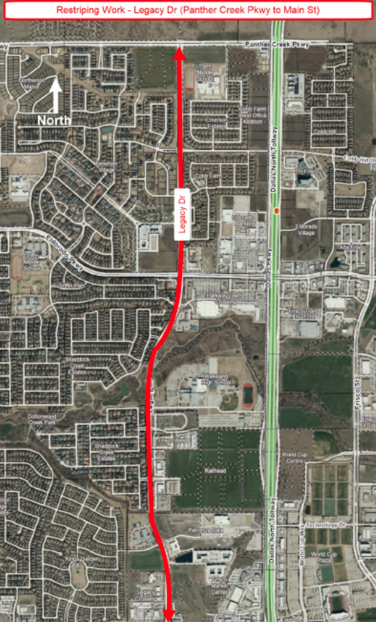 Watch for Cones! - City of Frisco will be restriping Eldorado Pkwy at Frisco St., Parkwood Blvd between Lebanon Rd. and John Hickman Pkwy., and Legacy Dr. from Panther Creek Pkwy to Main St.. Legacy Dr. outside of Wakeland will be experienced daily lane closures. For more information, view Friscos weekly Roadwork Roundup. 